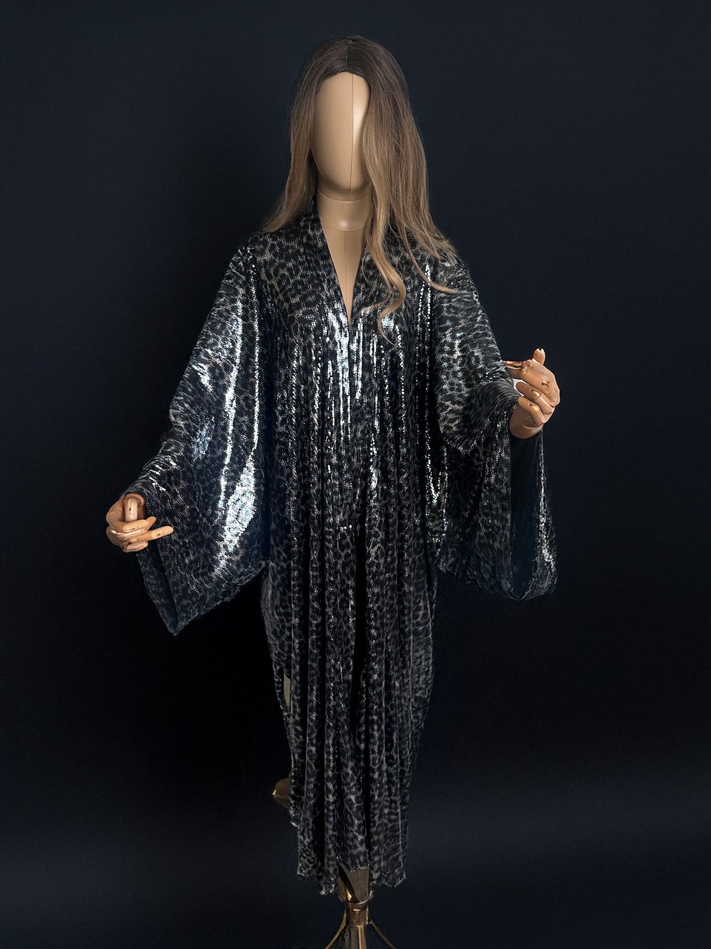 Handmade Leopard Blue Silver Sequin Kimono