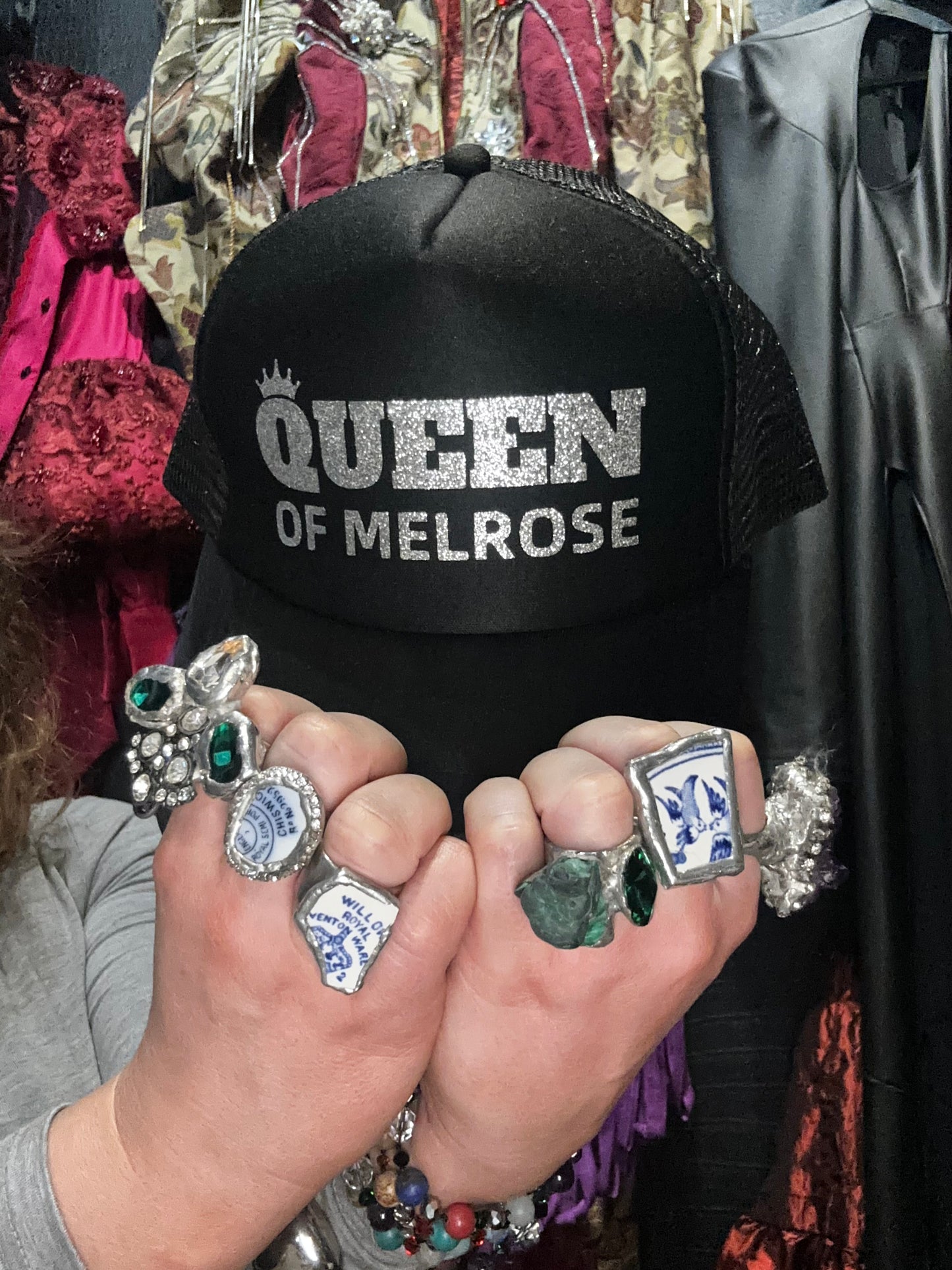 QUEEN OF MELROSE SILVER TRUCKER HAT